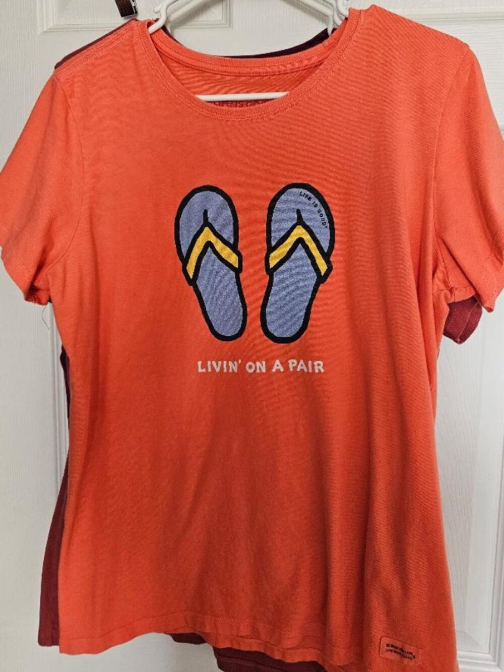 Life is Good - living on a Pair - orange tee shirt womens size large